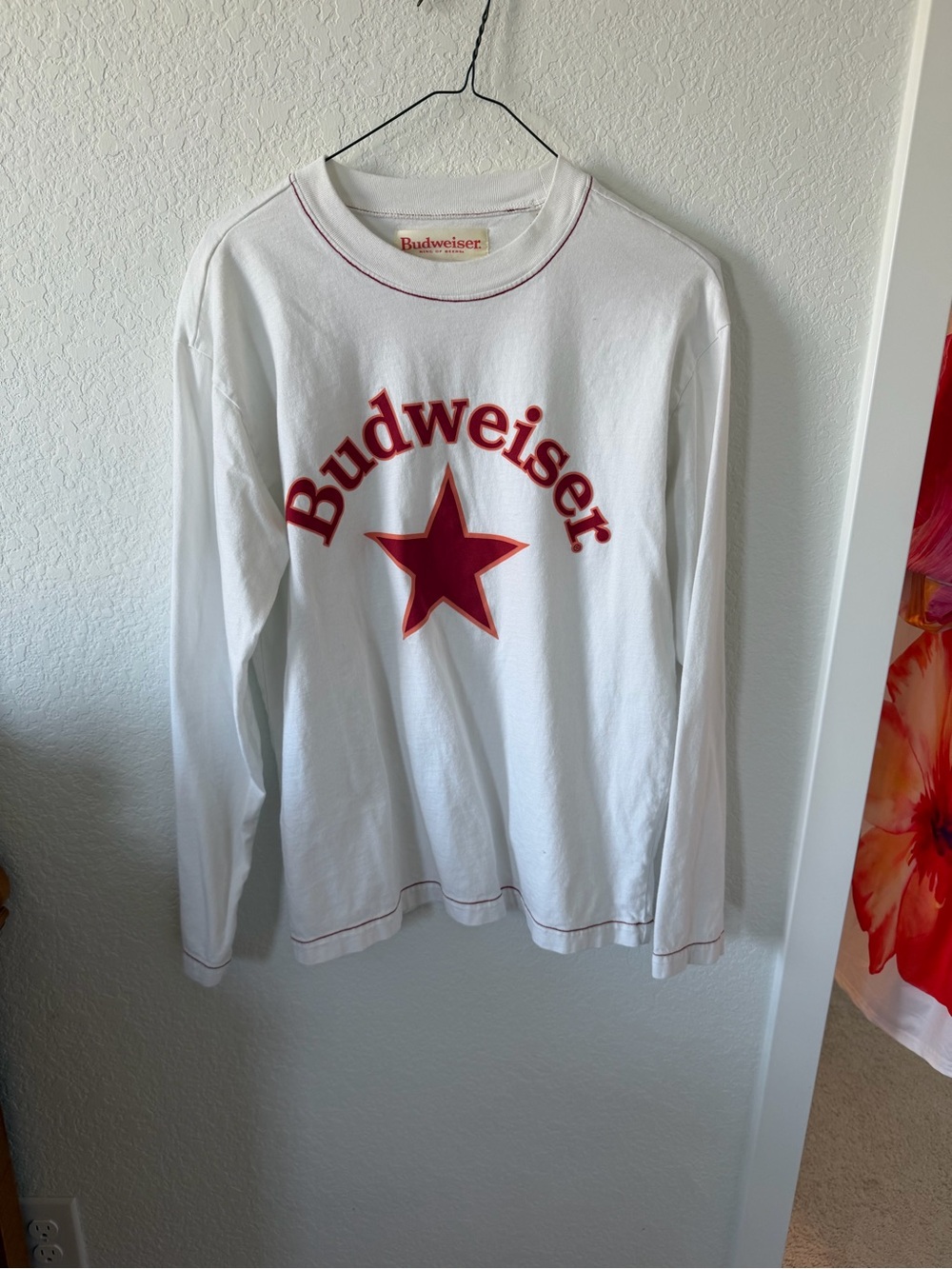 Budweiser White Tee with Red Graphic and Stitching
